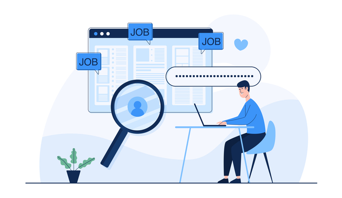 Man search for hiring job online from laptop. Human resources ma